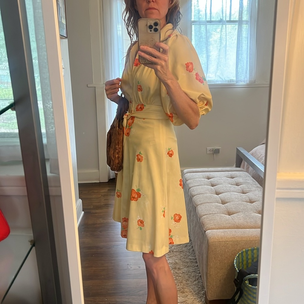 Vtg 60s 70s Mod Yellow Floral Dress Dagger Collar Puff Sleeve - Picture 2 of 10